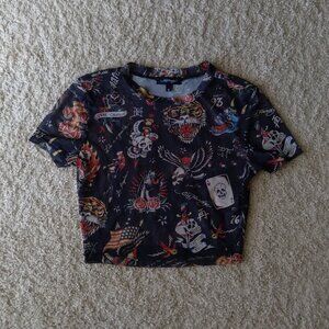 Ed Hardy Black Mesh Sheer Crop Top with Graphic Size Small